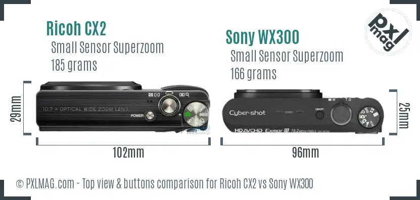 Ricoh CX2 vs Sony WX300 top view buttons comparison