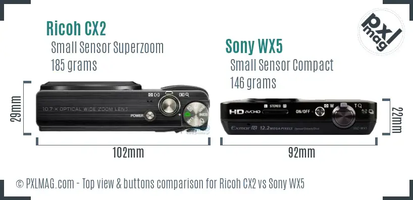 Ricoh CX2 vs Sony WX5 top view buttons comparison