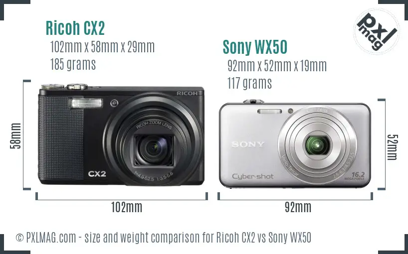 Ricoh CX2 vs Sony WX50 size comparison