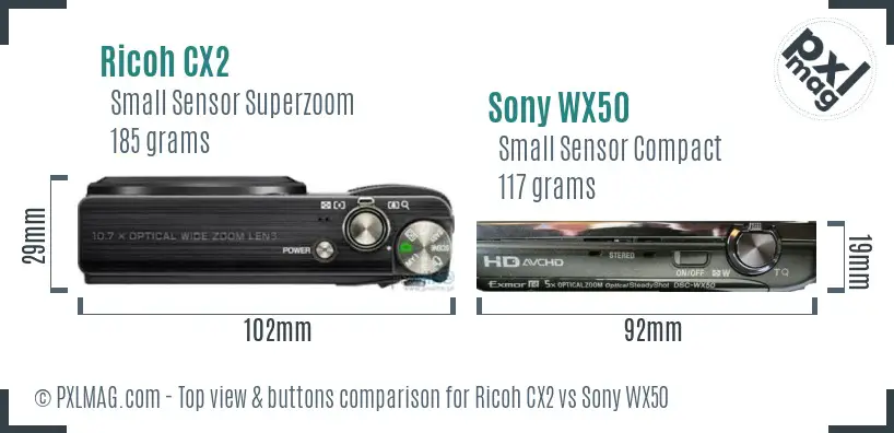 Ricoh CX2 vs Sony WX50 top view buttons comparison