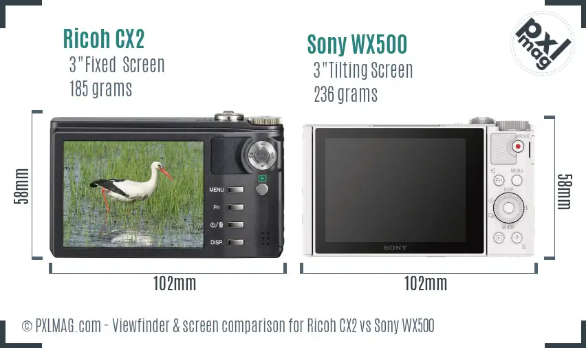 Ricoh CX2 vs Sony WX500 Screen and Viewfinder comparison