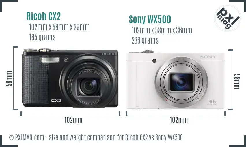 Ricoh CX2 vs Sony WX500 size comparison