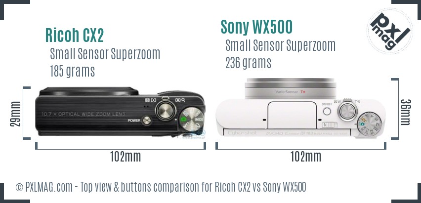 Ricoh CX2 vs Sony WX500 top view buttons comparison