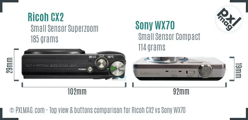 Ricoh CX2 vs Sony WX70 top view buttons comparison