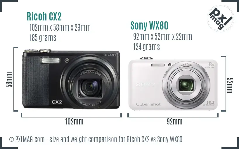 Ricoh CX2 vs Sony WX80 size comparison