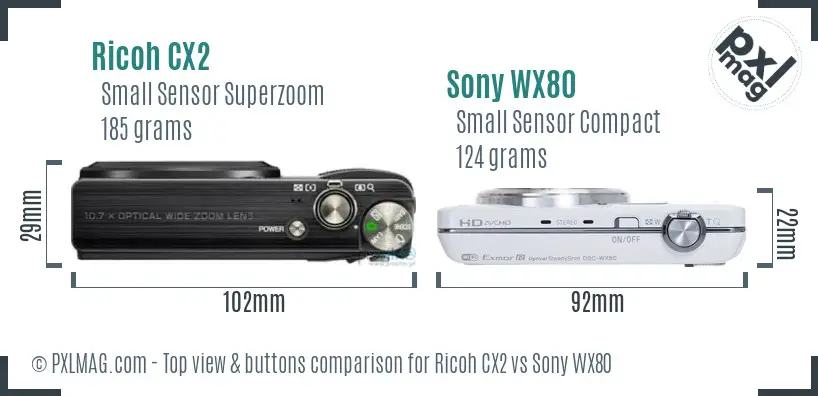 Ricoh CX2 vs Sony WX80 top view buttons comparison