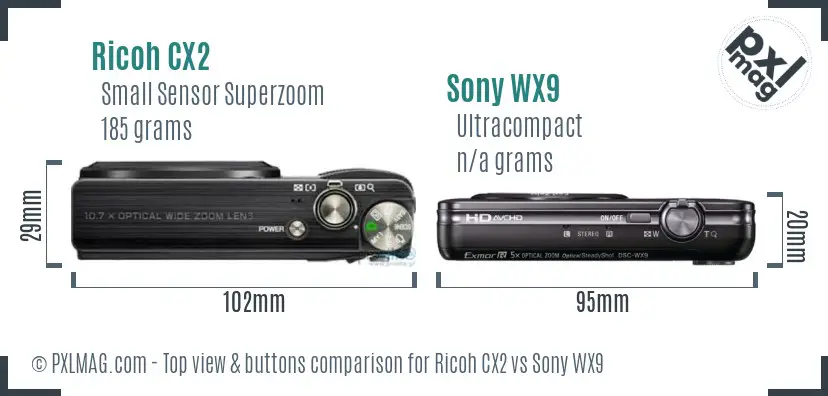 Ricoh CX2 vs Sony WX9 top view buttons comparison