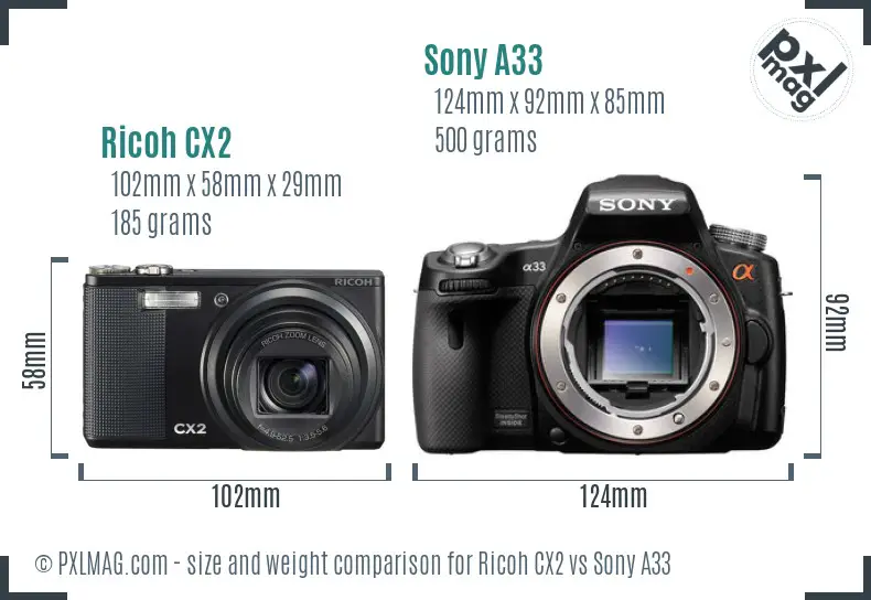 Ricoh CX2 vs Sony A33 size comparison