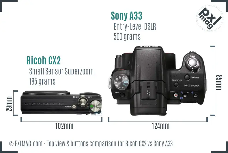 Ricoh CX2 vs Sony A33 top view buttons comparison