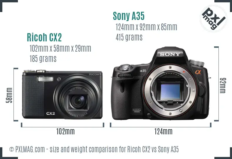 Ricoh CX2 vs Sony A35 size comparison