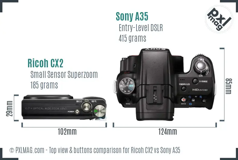 Ricoh CX2 vs Sony A35 top view buttons comparison