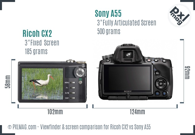 Ricoh CX2 vs Sony A55 Screen and Viewfinder comparison