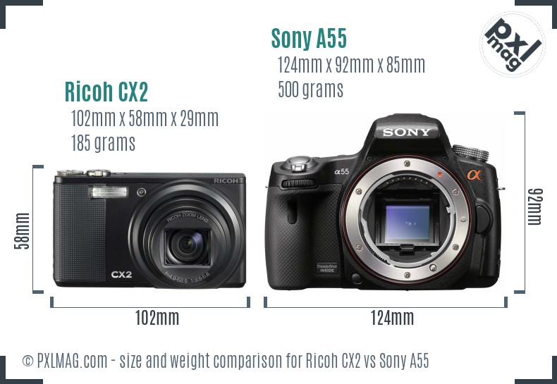 Ricoh CX2 vs Sony A55 size comparison