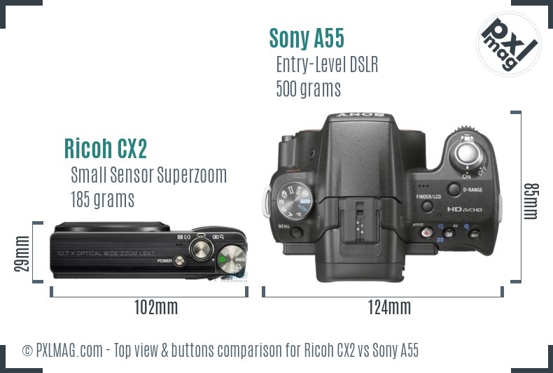 Ricoh CX2 vs Sony A55 top view buttons comparison