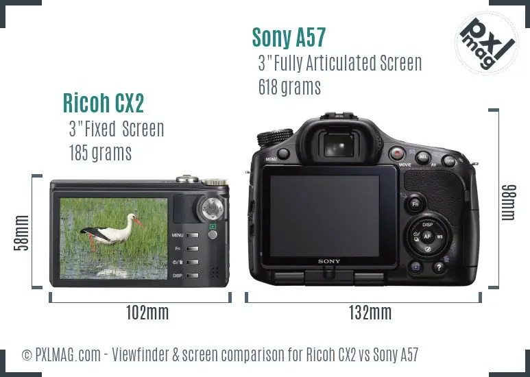 Ricoh CX2 vs Sony A57 Screen and Viewfinder comparison