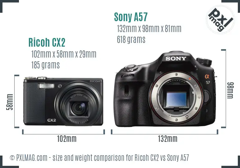 Ricoh CX2 vs Sony A57 size comparison