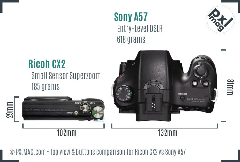 Ricoh CX2 vs Sony A57 top view buttons comparison