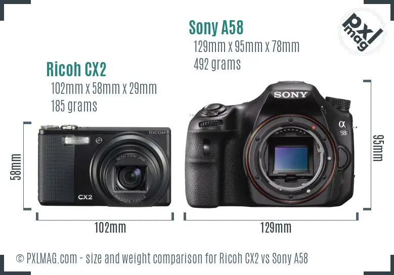 Ricoh CX2 vs Sony A58 size comparison