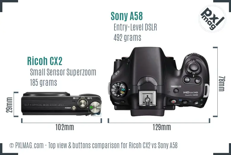 Ricoh CX2 vs Sony A58 top view buttons comparison