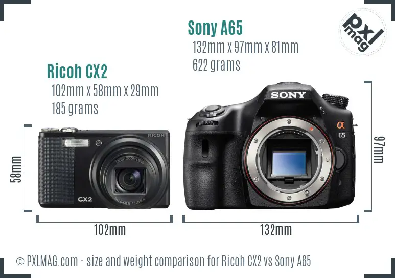 Ricoh CX2 vs Sony A65 size comparison
