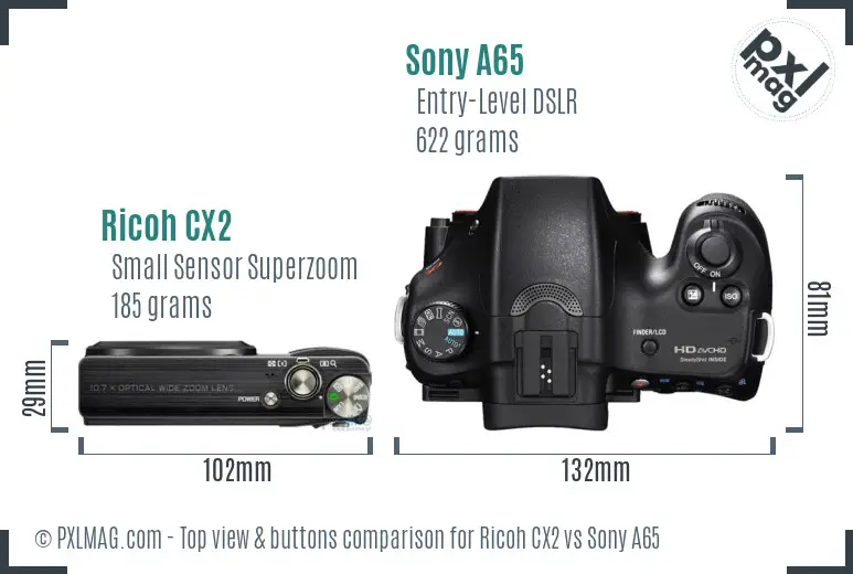 Ricoh CX2 vs Sony A65 top view buttons comparison