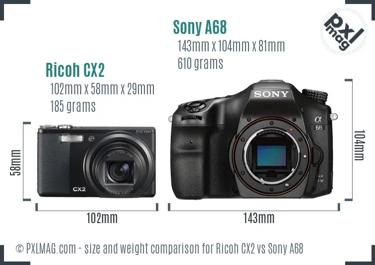 Ricoh CX2 vs Sony A68 size comparison