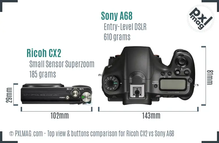 Ricoh CX2 vs Sony A68 top view buttons comparison