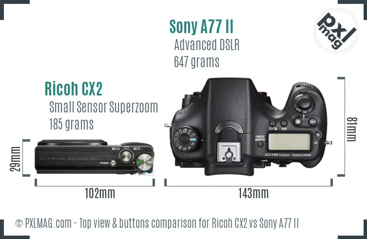 Ricoh CX2 vs Sony A77 II top view buttons comparison