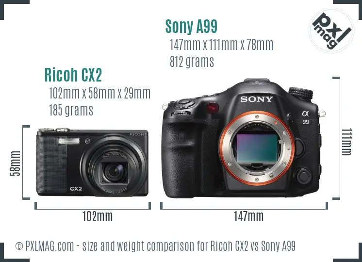 Ricoh CX2 vs Sony A99 size comparison