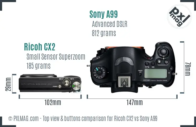 Ricoh CX2 vs Sony A99 top view buttons comparison