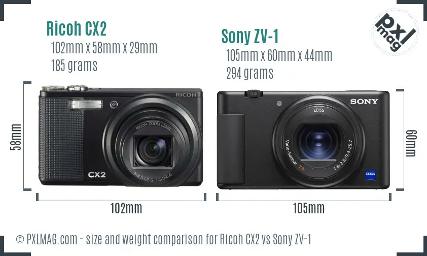 Ricoh CX2 vs Sony ZV-1 size comparison