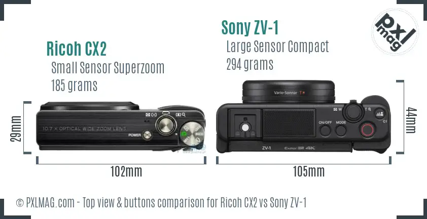 Ricoh CX2 vs Sony ZV-1 top view buttons comparison