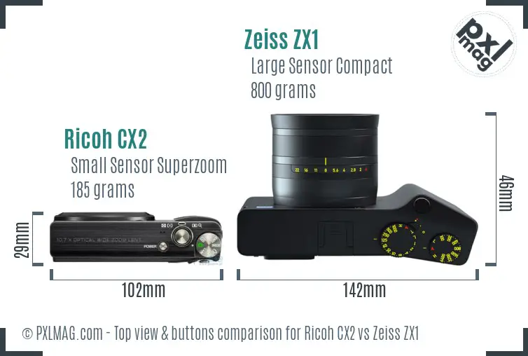 Ricoh CX2 vs Zeiss ZX1 top view buttons comparison