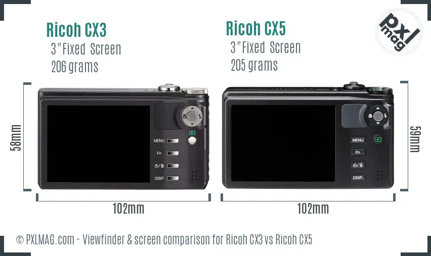 Ricoh CX3 vs Ricoh CX5 Screen and Viewfinder comparison