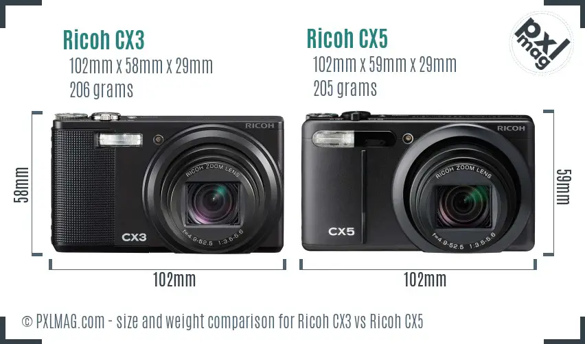 Ricoh CX3 vs Ricoh CX5 size comparison
