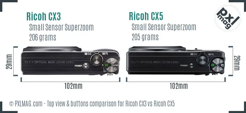 Ricoh CX3 vs Ricoh CX5 top view buttons comparison