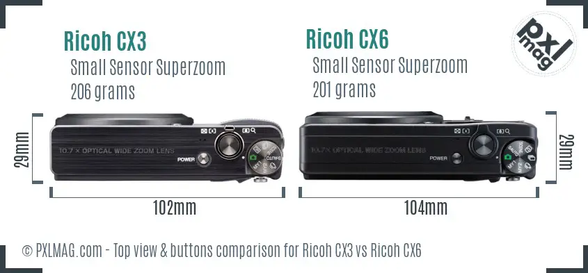 Ricoh CX3 vs Ricoh CX6 top view buttons comparison