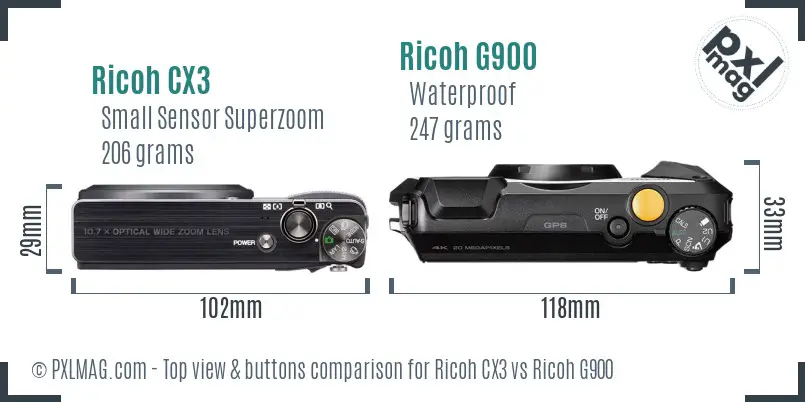 Ricoh CX3 vs Ricoh G900 top view buttons comparison