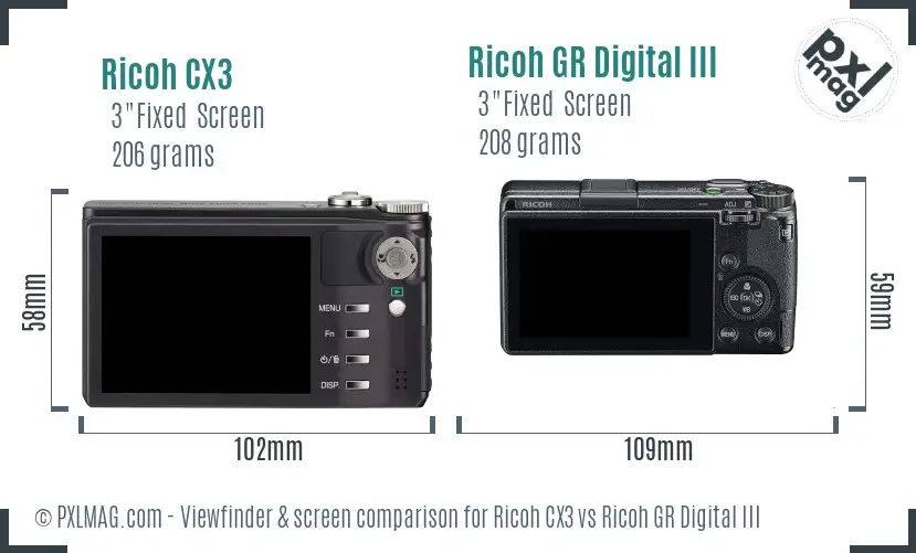 Ricoh CX3 vs Ricoh GR Digital III Screen and Viewfinder comparison