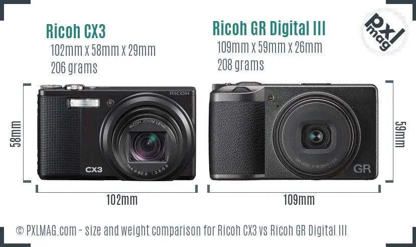 Ricoh CX3 vs Ricoh GR Digital III size comparison