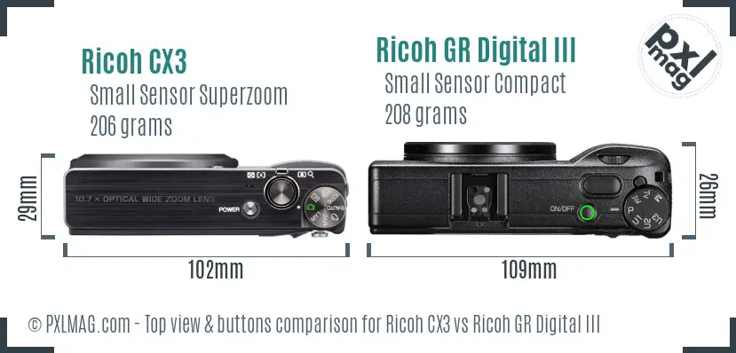 Ricoh CX3 vs Ricoh GR Digital III top view buttons comparison