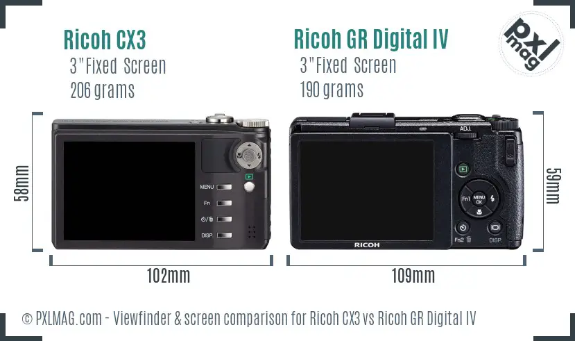 Ricoh CX3 vs Ricoh GR Digital IV Screen and Viewfinder comparison