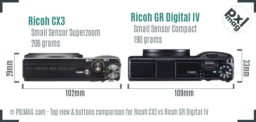 Ricoh CX3 vs Ricoh GR Digital IV top view buttons comparison