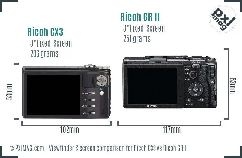 Ricoh CX3 vs Ricoh GR II Screen and Viewfinder comparison