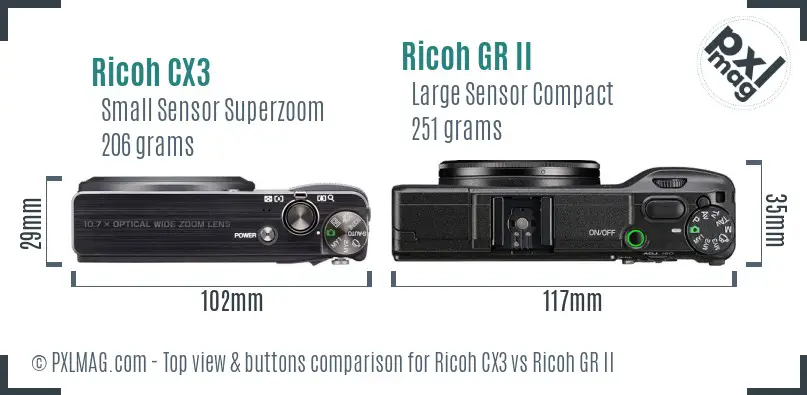 Ricoh CX3 vs Ricoh GR II top view buttons comparison