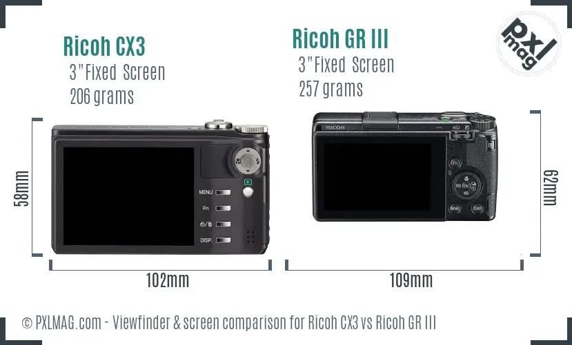 Ricoh CX3 vs Ricoh GR III Screen and Viewfinder comparison