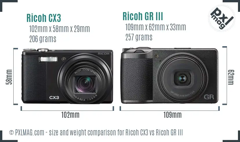 Ricoh CX3 vs Ricoh GR III size comparison