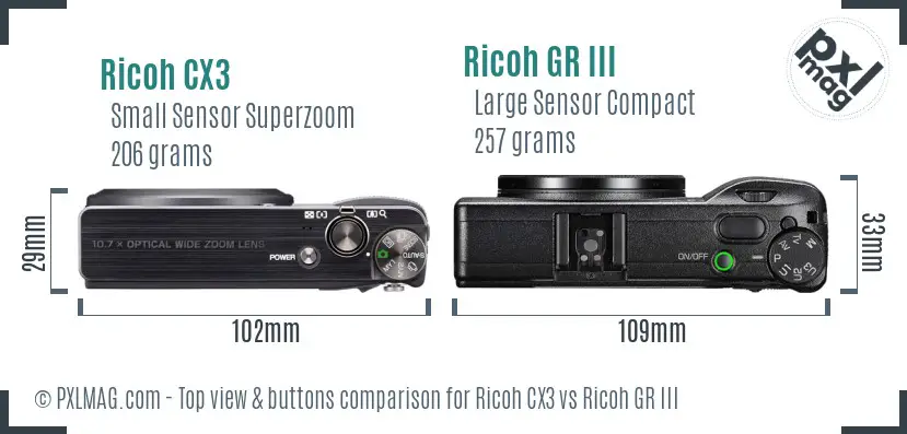 Ricoh CX3 vs Ricoh GR III top view buttons comparison