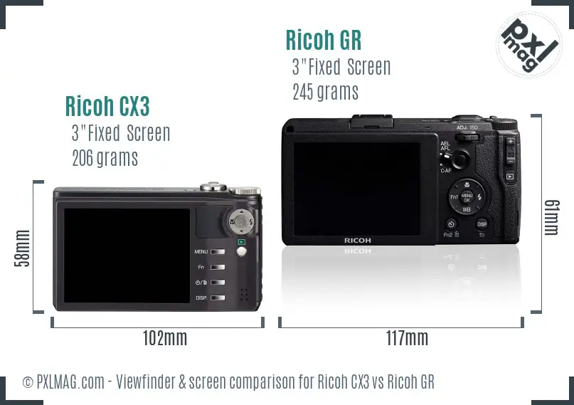 Ricoh CX3 vs Ricoh GR Screen and Viewfinder comparison