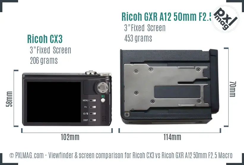Ricoh CX3 vs Ricoh GXR A12 50mm F2.5 Macro Screen and Viewfinder comparison